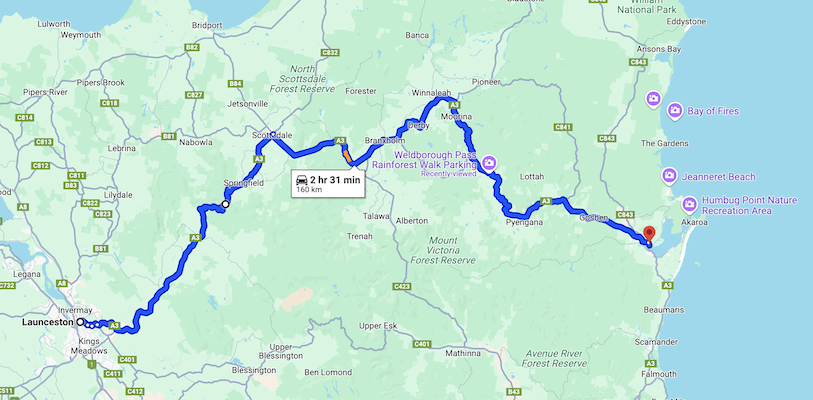 Launceston to St Helens Road Trip 2025: Fun, Food & Unexpected Finds 1 Launceston to St Helens road trip map